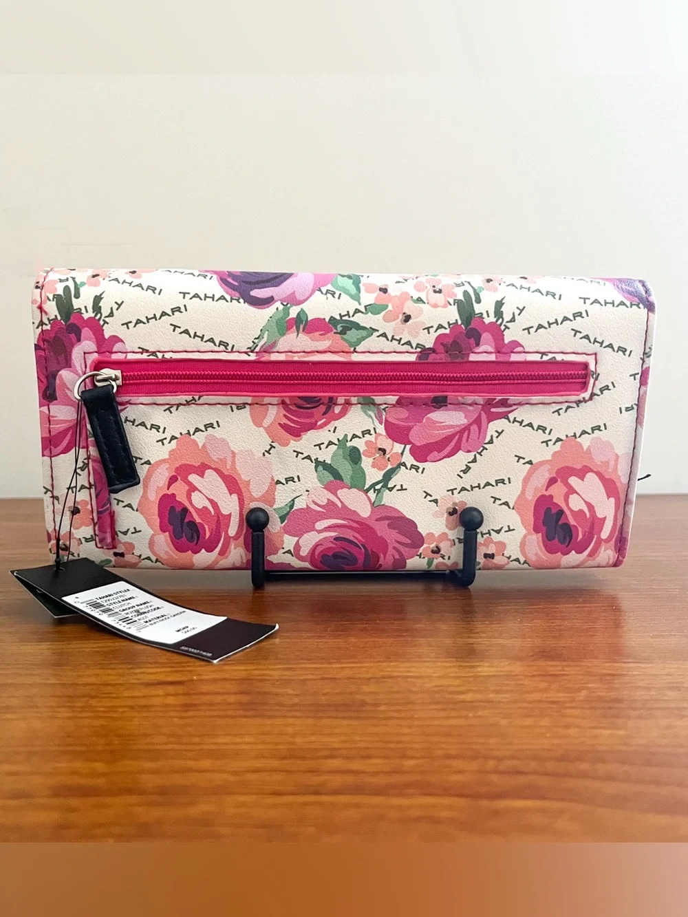NWT TAHARI Floral Pink Clutch Wallet Rose Faux Leather Vegan Logo Snap RFID